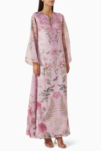 Floral Embroidered Kaftan in Linen