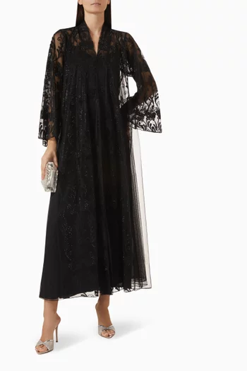 Stone-embellished Abaya in French Dantelle & Tulle
