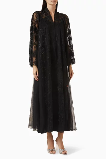 Stone-embellished Abaya in French Dantelle & Tulle