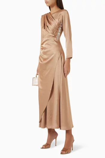 Embroidered Maxi Dress in Polished Crepe