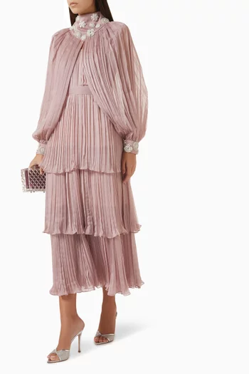 Embroidered Pleated Midi Dress in Organza