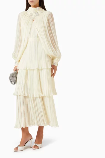 Embroidered Pleated Midi Dress in Organza