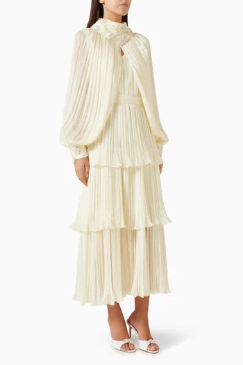 Embroidered Pleated Midi Dress in Organza