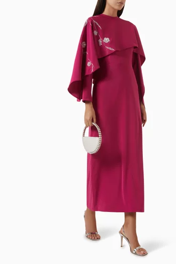 Embroidered Cape Maxi Dress in Crepe