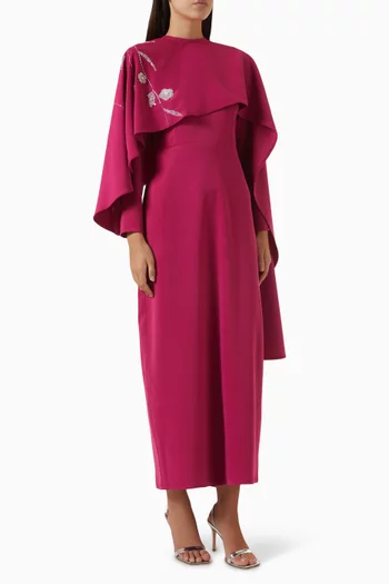 Embroidered Cape Maxi Dress in Crepe