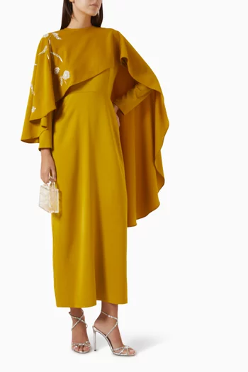 Embroidered Cape Maxi Dress in Crepe