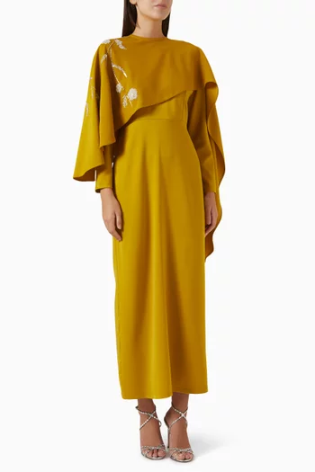 Embroidered Cape Maxi Dress in Crepe
