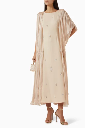Embroidered Cape Maxi Dress in Crepe & Chiffon