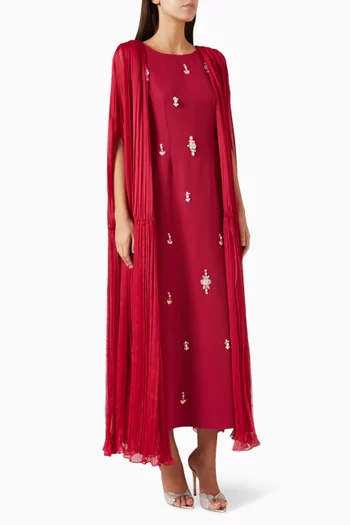 Embroidered Cape Maxi Dress in Crepe & Chiffon