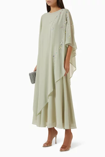 Embroidered Cape Maxi Dress in Chiffon