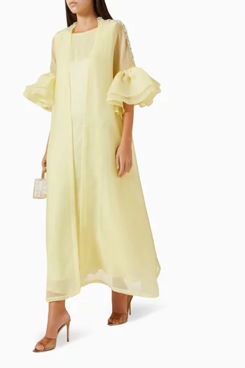 Crystal-Embellished Ruffled Cape & Dress in Organza & Satin