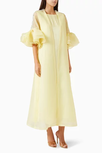 Crystal-Embellished Ruffled Cape & Dress in Organza & Satin