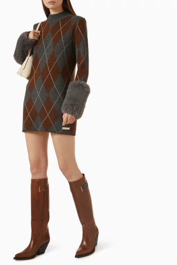 Argyle-print Mini Dress in Merino Wool Blend