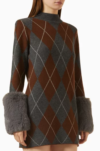 Argyle-print Mini Dress in Merino Wool Blend