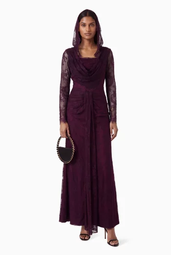 Hooded Cowl-neck Lace Gown