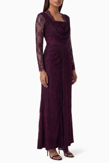 Hooded Cowl-neck Lace Gown