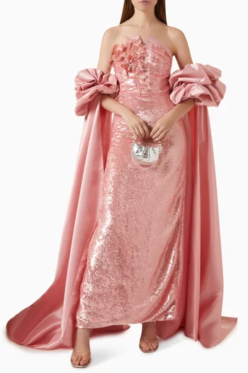 Strapless Floral-appliqué Sequin Gown