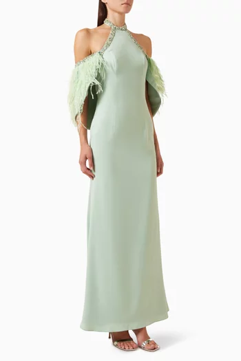 Feather-trimmed Halter Column Gown