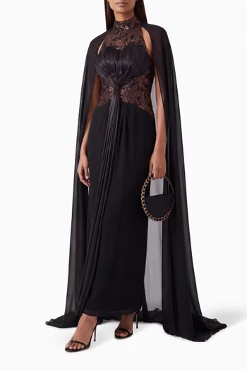 Embroidered Lace Cape Gown