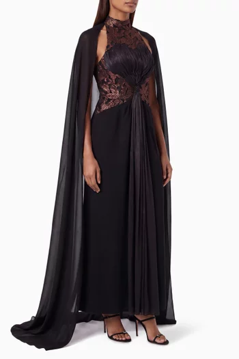 Embroidered Lace Cape Gown
