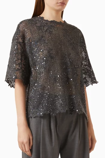 Dazzling Floral Lace Embroidered T-shirt in Mohair & Wool