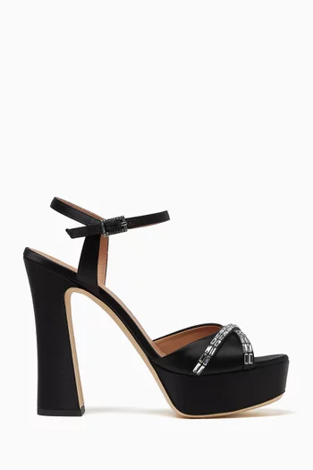 EXCLUSIVE CAPSULE HOLIDAY DROP: KEATON 125 PLATFORM SANDAL HEELS IN SATIN WITH CLEAR CRYSTAL BAGUETTES DETAIL WITH HIGH 125MM BLOCK HEEL:BLK:37|220081388