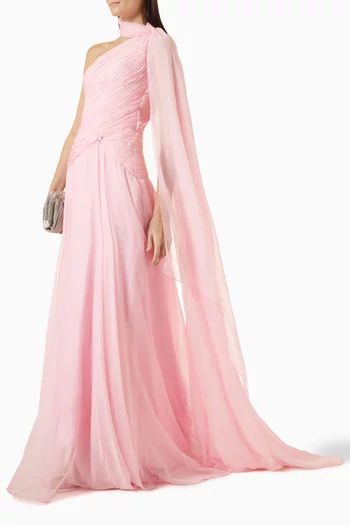 One-shoulder Cape Gown in Silk Chiffon