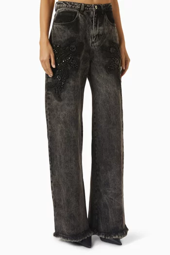 Acid Wash Embellished Boyfriend Jeans in Denim