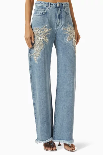 Bleached Embellished Boyfriend Jeans in Denim