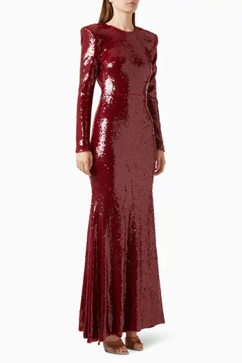 Long-sleeved Backless Sequin Gown