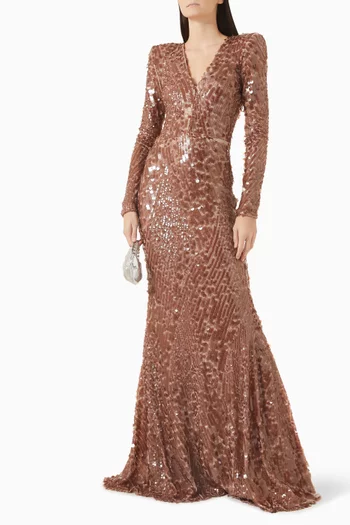 V-neck Long-sleeved Sequin Gown