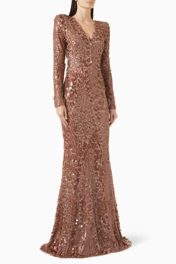 V-neck Long-sleeved Sequin Gown