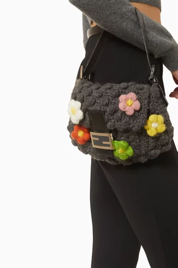 Floral-embellished Baguette Bag in Knitted Wool & Leather