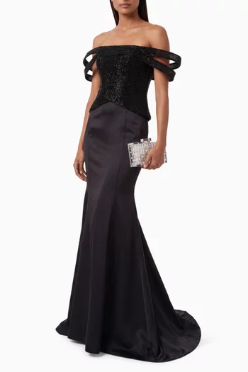 Yasmina Beaded Off-shoulder Dress in Silk-taffeta