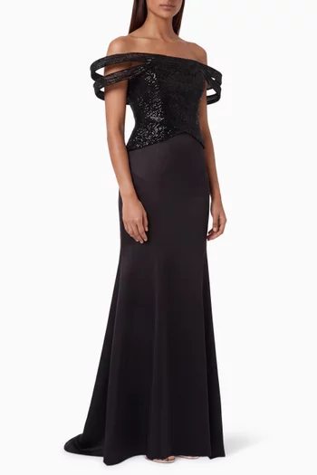Yasmina Beaded Off-shoulder Dress in Silk-taffeta