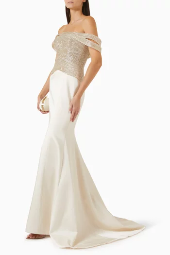 Yasmina Beaded Off-shoulder Dress in Silk-taffeta