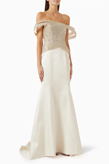 Yasmina Beaded Off-shoulder Dress in Silk-taffeta