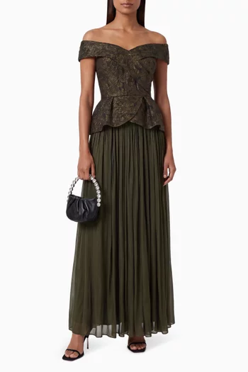 Jacquard Off-shoulder Pleated Maxi Dress