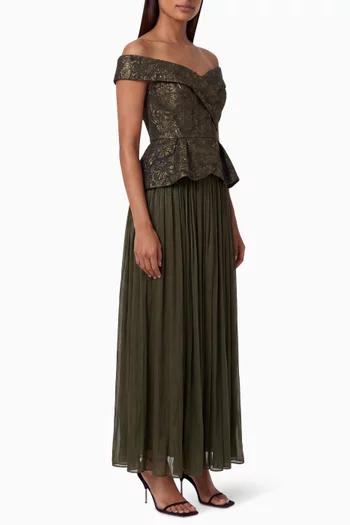 Jacquard Off-shoulder Pleated Maxi Dress