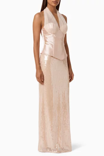 Sequin Halter Corset Dress in Satin & Mesh