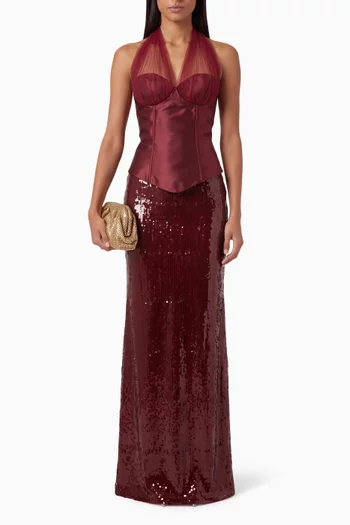Sequin Halter Corset Dress in Satin & Mesh