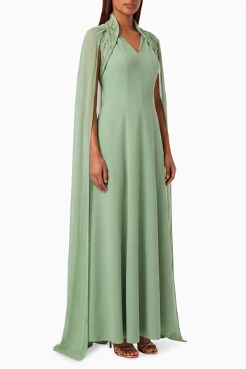Embroidered Mandarin-collar Gown in Crepe