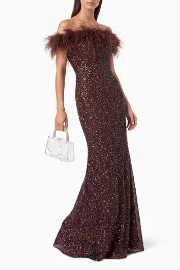 Feather-trim Sequin Mermaid Gown in Mesh