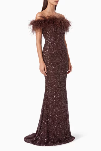 Feather-trim Sequin Mermaid Gown in Mesh