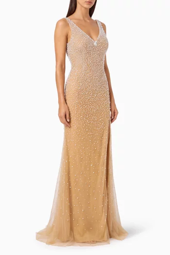 Pearl Beaded V-Neck Gown in Mesh