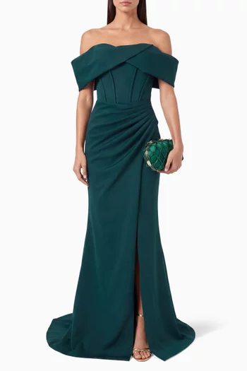 Off-shoulder Slit Gown in Taffeta