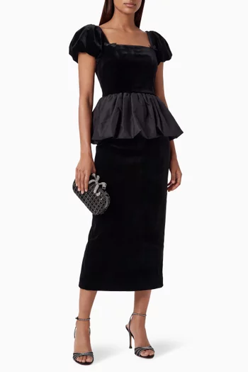 Bubble Peplum Midi Dress in Velvet