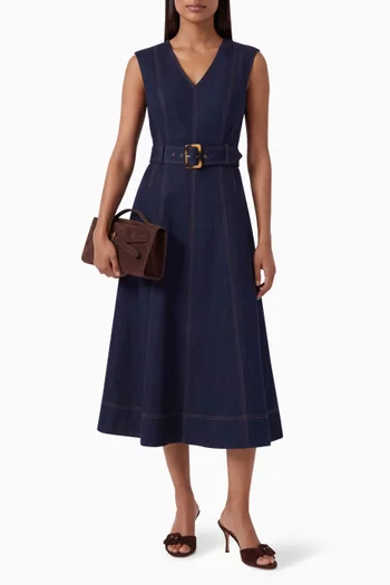 Cosette Belted Midi Dress in Denim