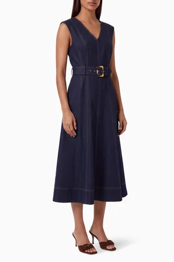 Cosette Belted Midi Dress in Denim