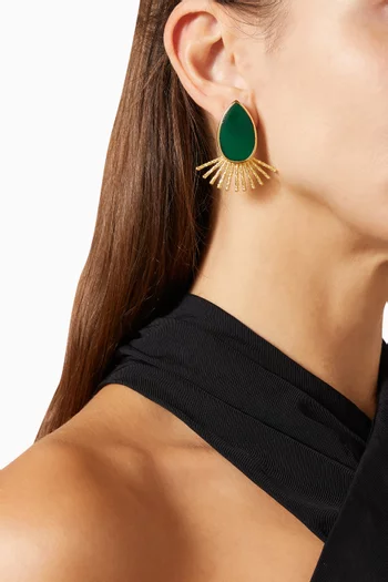 SLAB CUT GEMSTONES FRAMED WITH TEXTURED SUNBURST RAYS BRONZE BASE WITH 18K GOLD MICROPLATING DROP EARRINGS:Green    :One Size|220136682